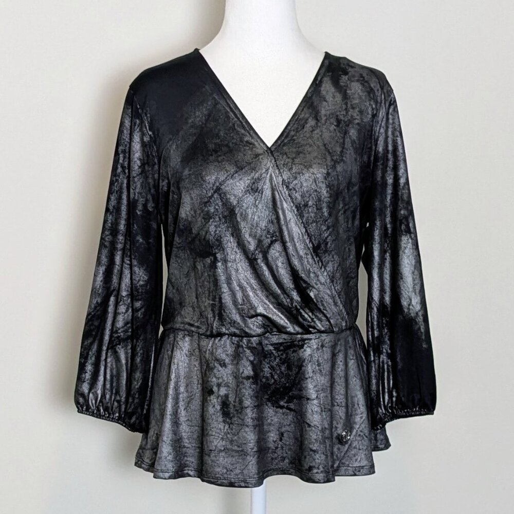 ADRIENNE VITTADINI Women's V-Neck Long Sleeve Top Size L Black Shimmer